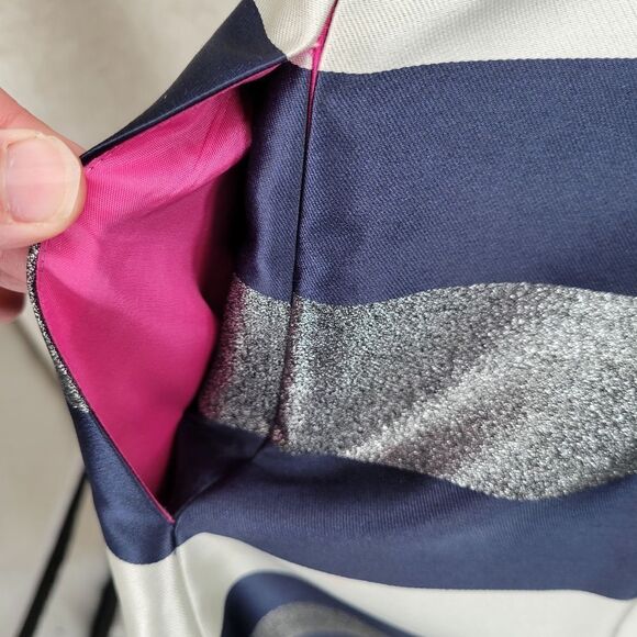 Eliza J Striped Crepe Fit & Flare Party Dress  Navy White Metallic Silver Pocket - Picture 5 of 13